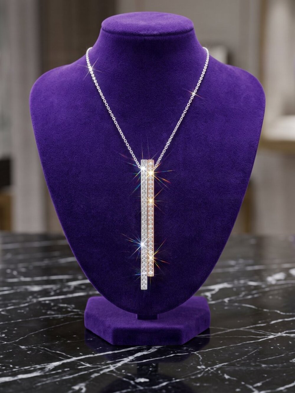 Rhodium Plated Asymmetric Double Vertical Bar Pendant Necklace Pave Crystal NWOT